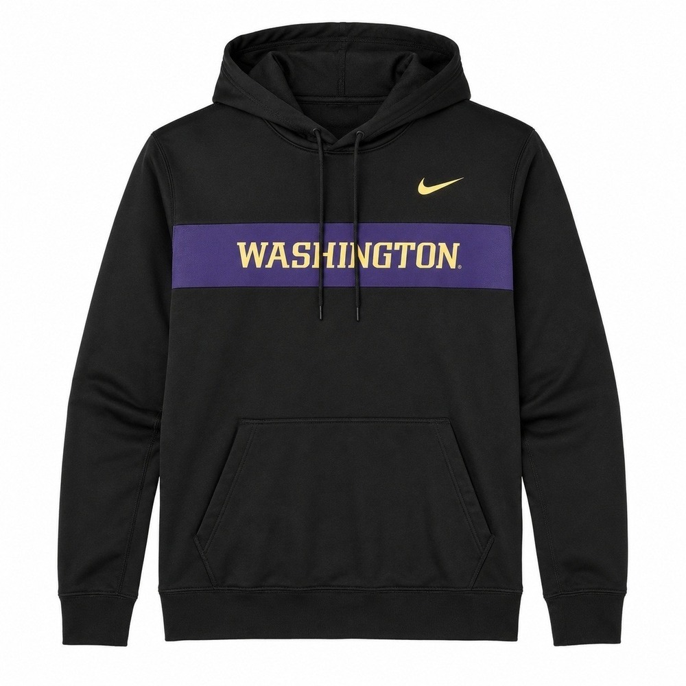 Nike Washington Huskies Hoodie Mens Black Purple Therma-FIT Pullover Sweatshirt